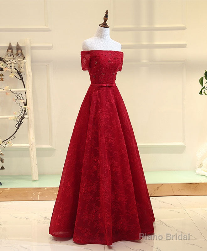 Burgundy Line  Lace Long Prom Dress, Burgundy Evening Dress Main image