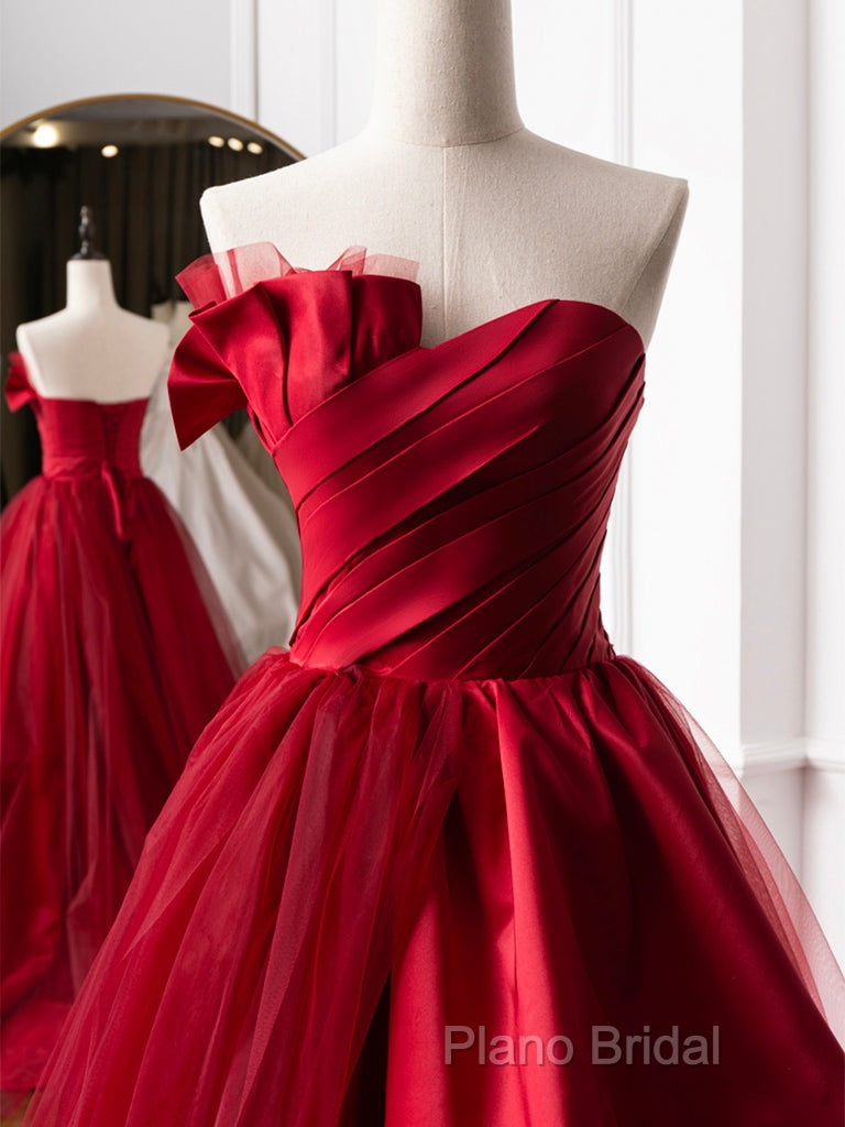 Burgundy Long Formal Prom Dresses, Burgundy Satin Formal Long Formal Dresses