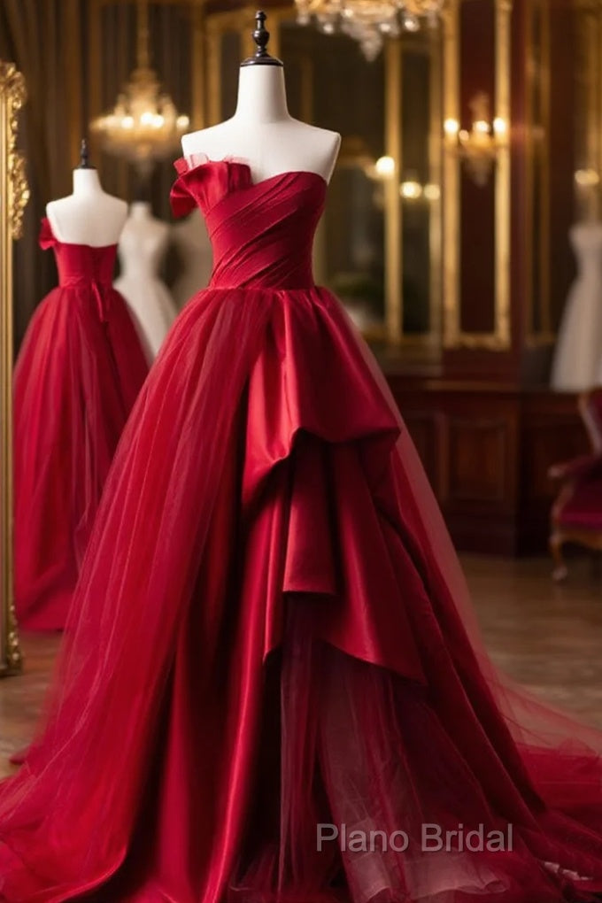 Burgundy Long Formal Prom Dresses, Burgundy Satin Formal Long Formal Dresses Main image