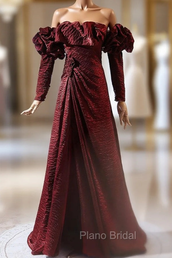 Burgundy Long Sleeve Pleats Formal Prom Dresses