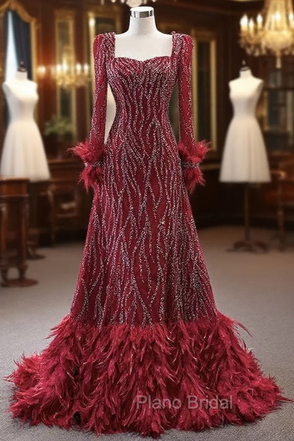 Burgundy Long Sleeve Square Beading Formal Prom Dresses