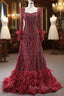 Burgundy Long Sleeve Square Beading Formal Prom Dresses