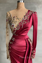 Burgundy Long Sleeves Mermaid Formal Prom Dresses With Beadings