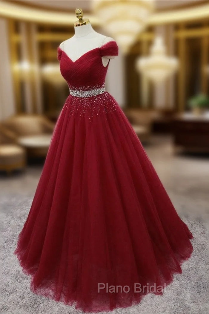 Burgundy Long Tulle Off Shoulder Formal Prom Dresses , Junior Formal Prom Dresses Main image