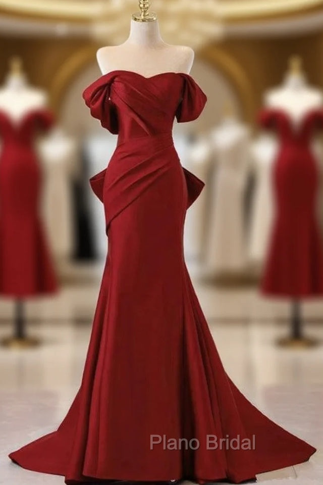 Burgundy Memraid Off the Shoulder Bow Formal Prom Dresses