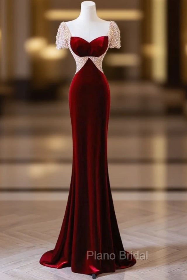 Burgundy Memraid Velvet Short Sleeve Beading Formal Prom Dresses Main image