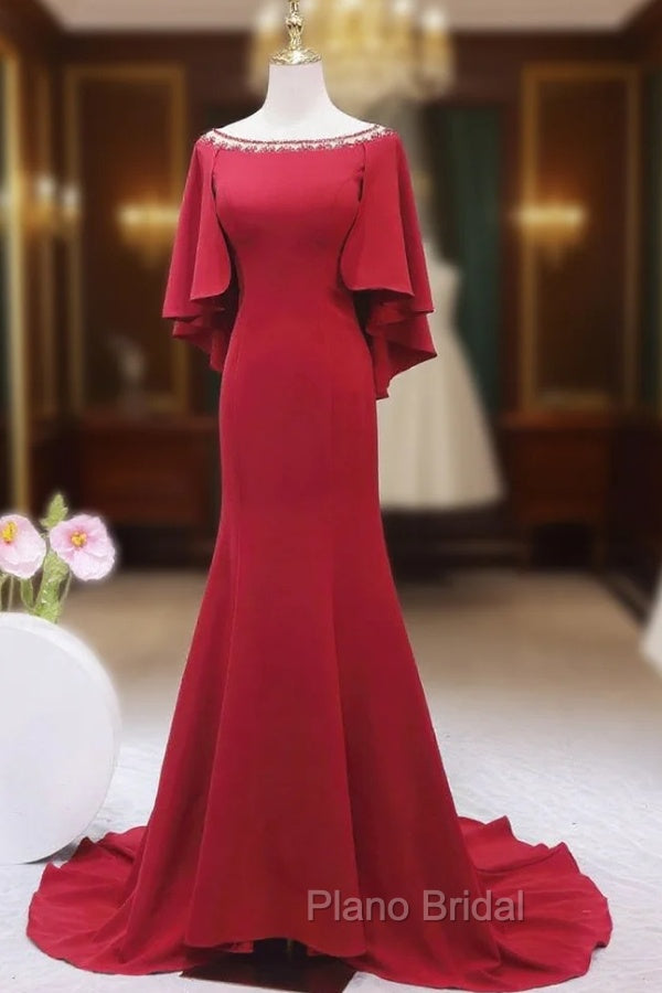Burgundy Mermaid Bateau Beading Formal Prom Dresses Main image