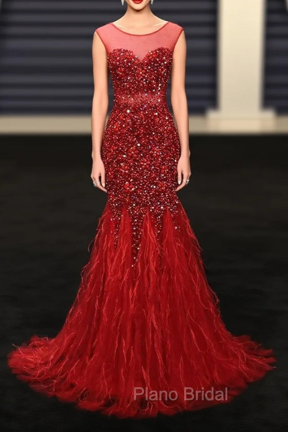 Burgundy Mermaid Beading Sequins Feather Formal Prom Dresses