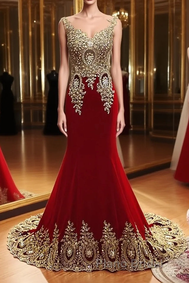 Burgundy Mermaid Beads Lace Appliques Chiffon Long Formal Prom Dress, Burgundy Mermaid Formal Dress, Evening Dress Main image