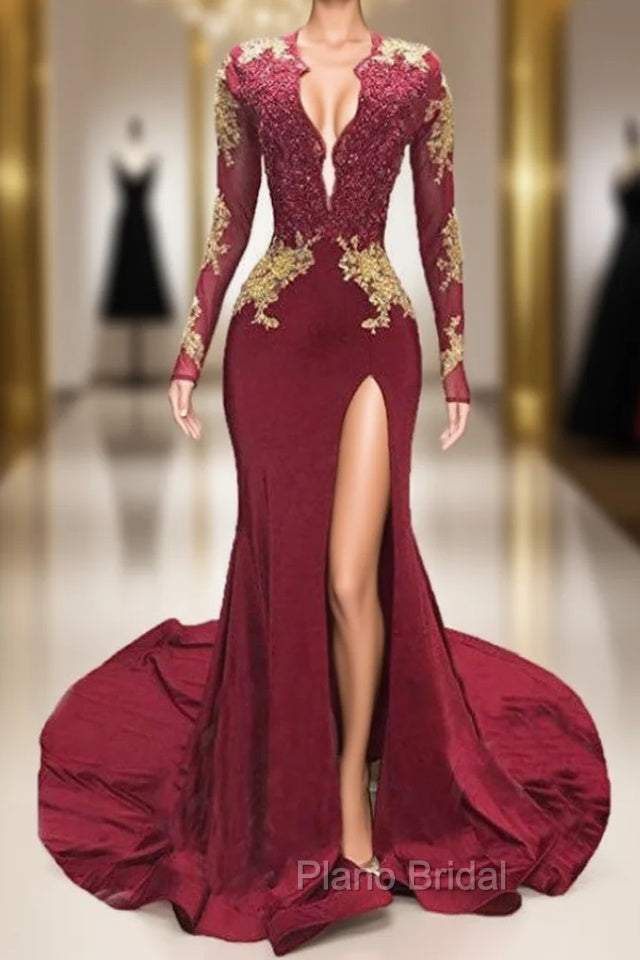 Burgundy Mermaid Deep V-neck Long Sleeve Backless Formal Prom Dresses Main image
