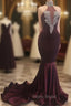 Burgundy Mermaid High Neck Velvet Formal Prom Dresses