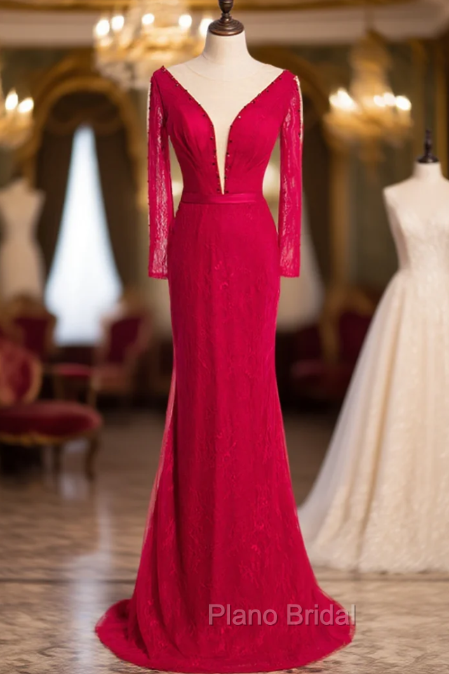 Burgundy Mermaid Lace Long Sleeve Beading Formal Prom Dresses Main image