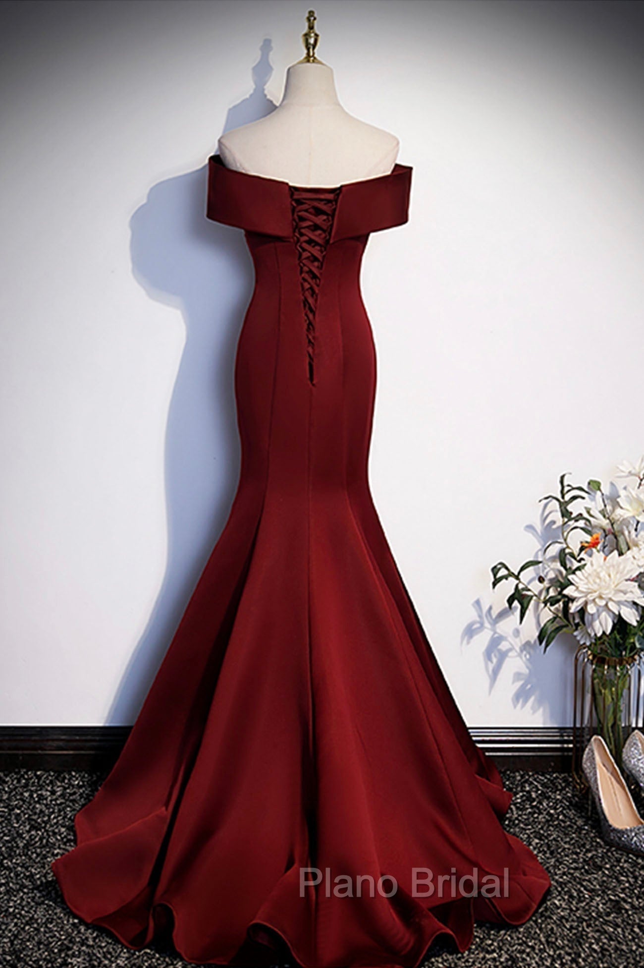 Burgundy Mermaid Long Formal Prom Dresses, Off the Shoulder V-Neck Formal Evening Dresses