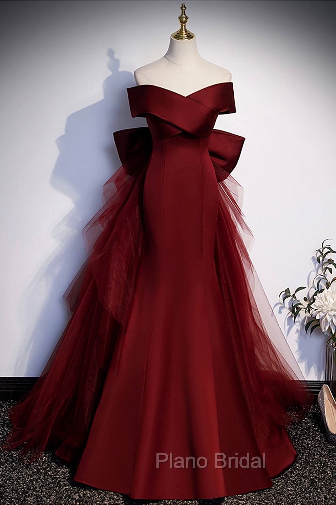 Burgundy Mermaid Long Formal Prom Dresses, Off the Shoulder V-Neck Formal Evening Dresses Main image