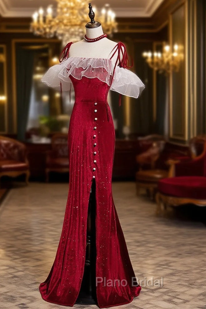 Burgundy Mermaid Long Formal Prom Dresses, Velvet Long Formal Dresses Secondary image