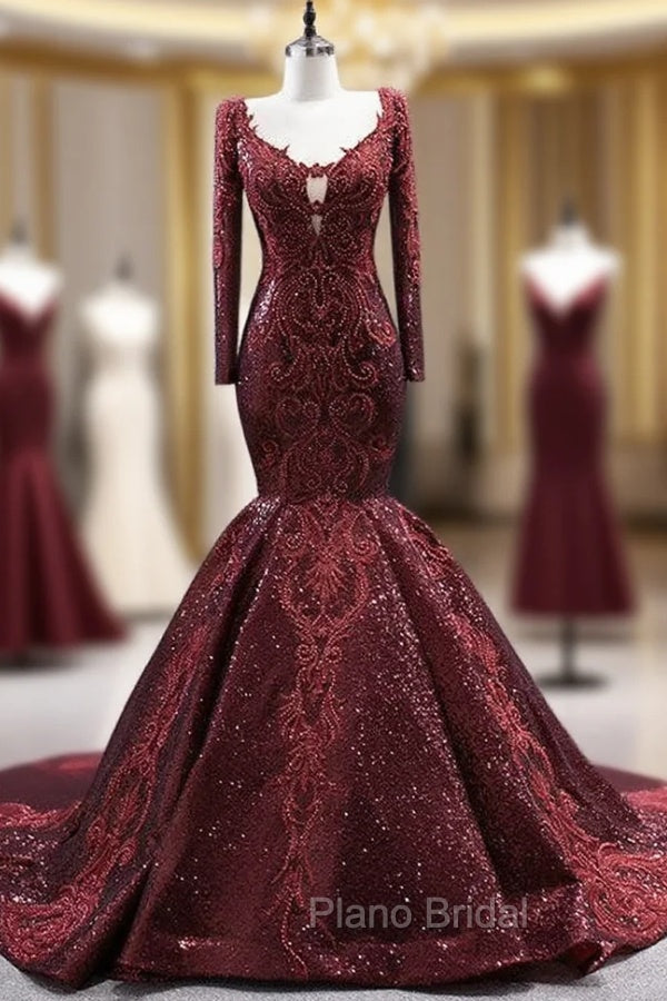 Burgundy Mermaid Long Sleeve V-neck Appliques Formal Prom Dresses Main image