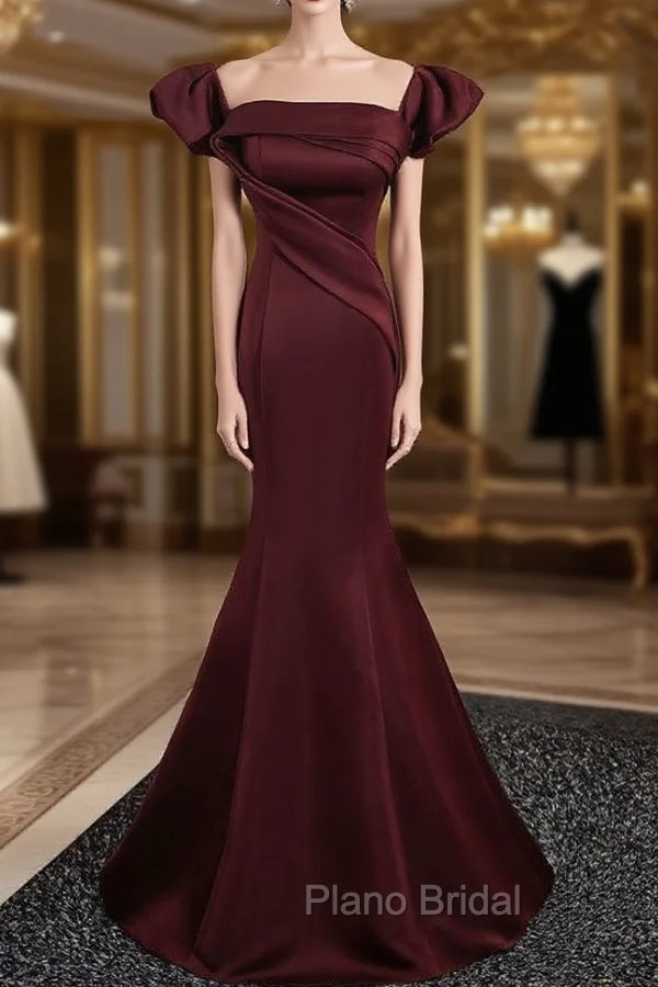 Burgundy Mermaid Off the Shoulder Pleats Formal Prom Dresses Main image