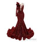 Orange Mermaid One Sleeve Formal Prom Dresses Sequined Lace Jewel Ruffles Evening Party Dress with Appliques