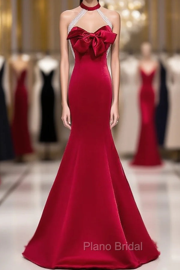 Burgundy Mermaid Satin Halter Backless Beading Formal Prom Dresses