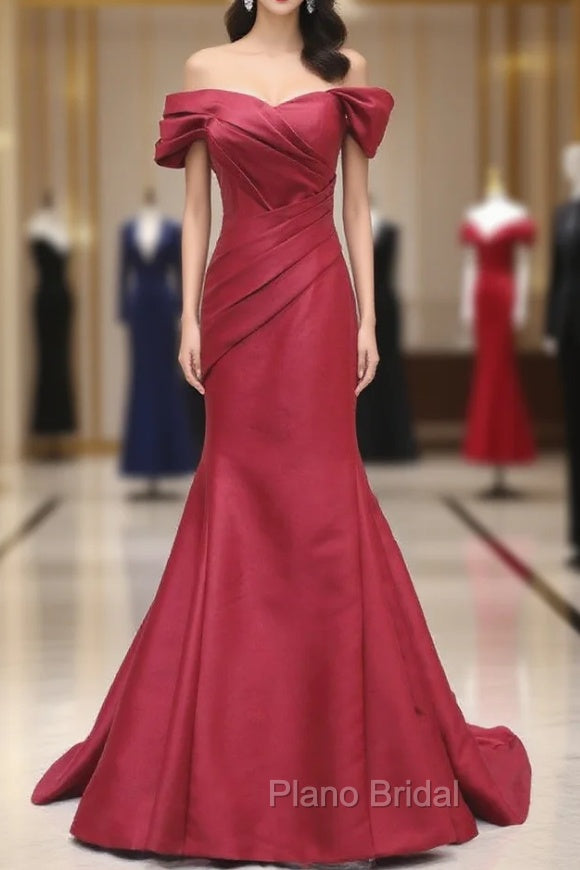 Burgundy Mermaid Satin Off the Shoulder Pleats Formal Prom Dresses