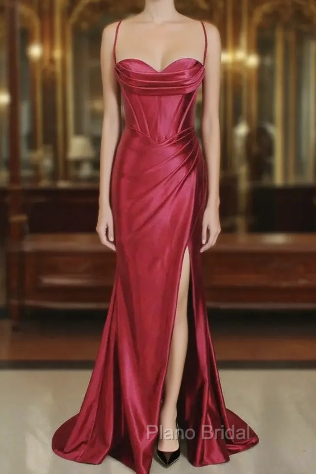 Burgundy Mermaid Satin Pleats Formal Prom Dresses Main image