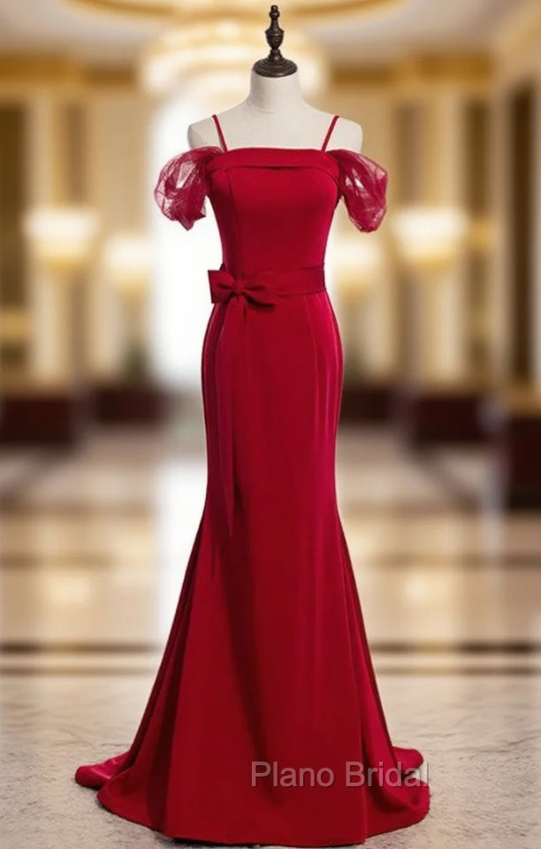 Burgundy Mermaid Satin Spagehtti Straps Formal Prom Dresses With Sash