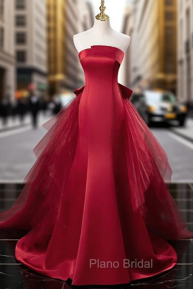 Burgundy Mermaid Satin Tulle Formal Prom Dresses