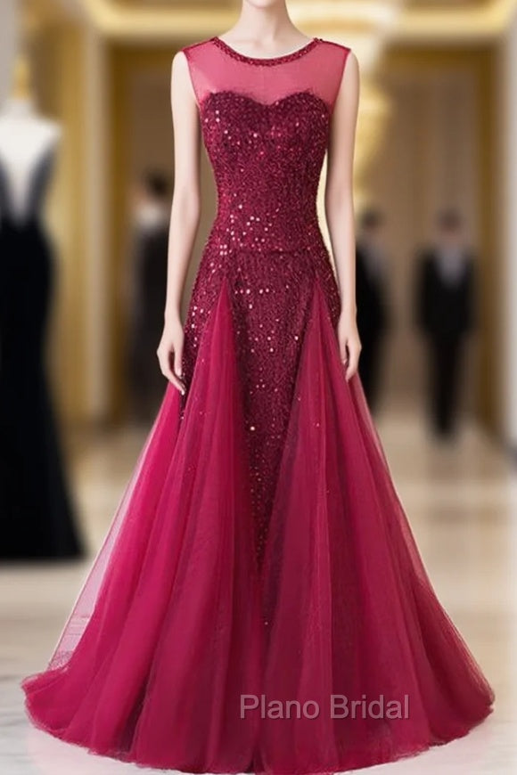 Burgundy Mermaid Sequins Backless Long Formal Prom Dresses Main image