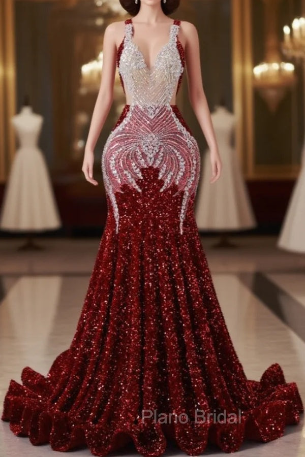 Burgundy Mermaid Sequins Backless Formal Prom Dresses