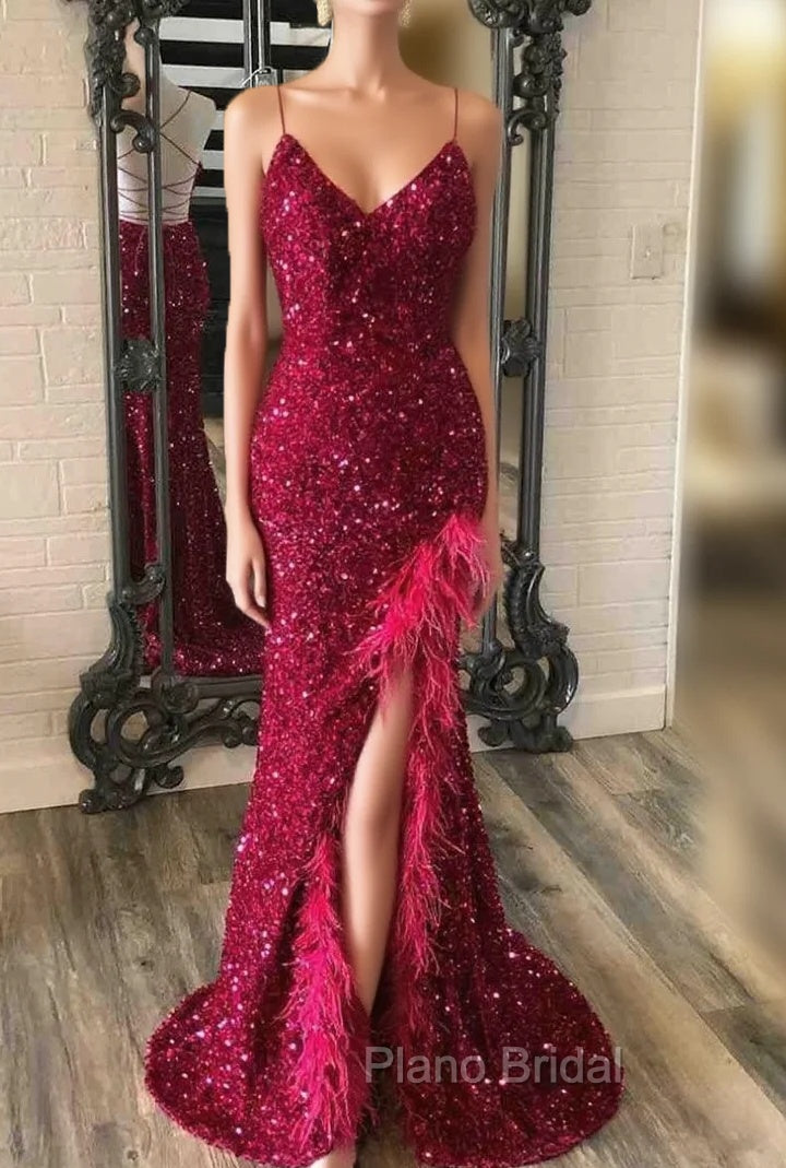 Burgundy Mermaid Sequins Feather Split Formal Prom Dresses Main image