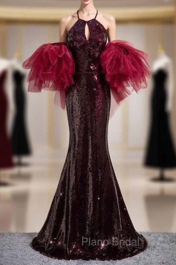 Burgundy Mermaid Sequins Halter Cut Out Formal Prom Dresses