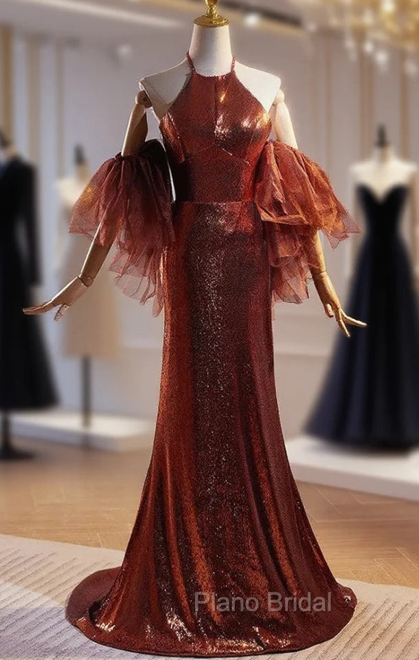 Burgundy Mermaid Sequins Halter Formal Prom Dresses Main image