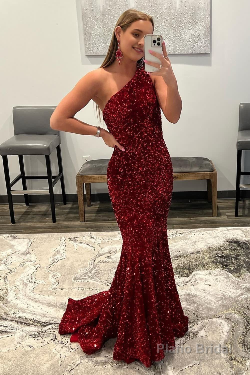 Burgundy Mermaid Sequins Long Prom Dress Main image
