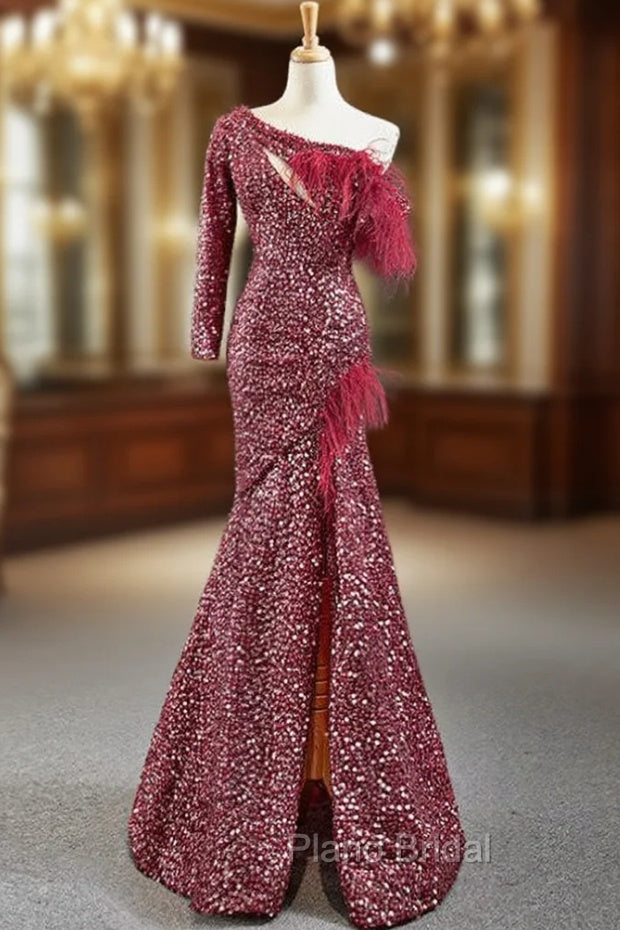 Burgundy Mermaid Sequins One Shoulder Long Sleeve Formal Prom Dresses