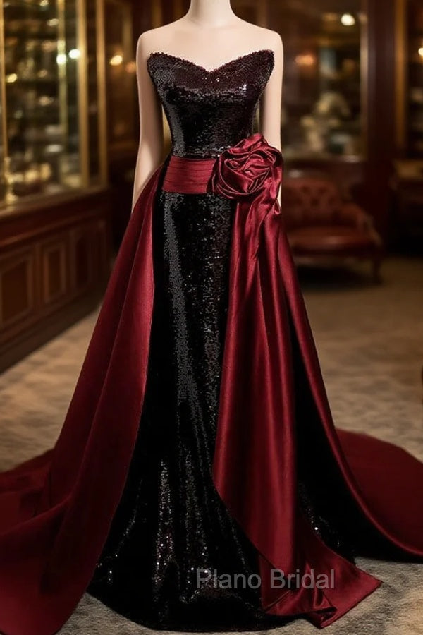 Burgundy Mermaid Sequins Satin Formal Prom Dresses Main image