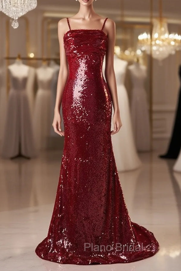 Burgundy Mermaid Sequins Spaghetti Straps Formal Prom Dresses Main image
