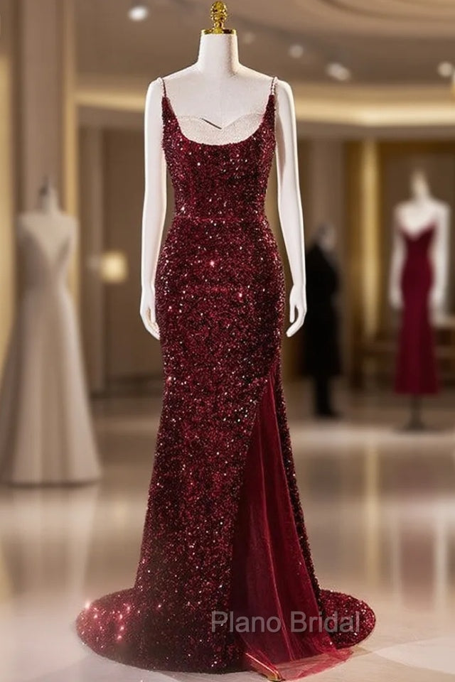 Burgundy Mermaid Sequins Spaghetti Straps Formal Prom Dresses Main image