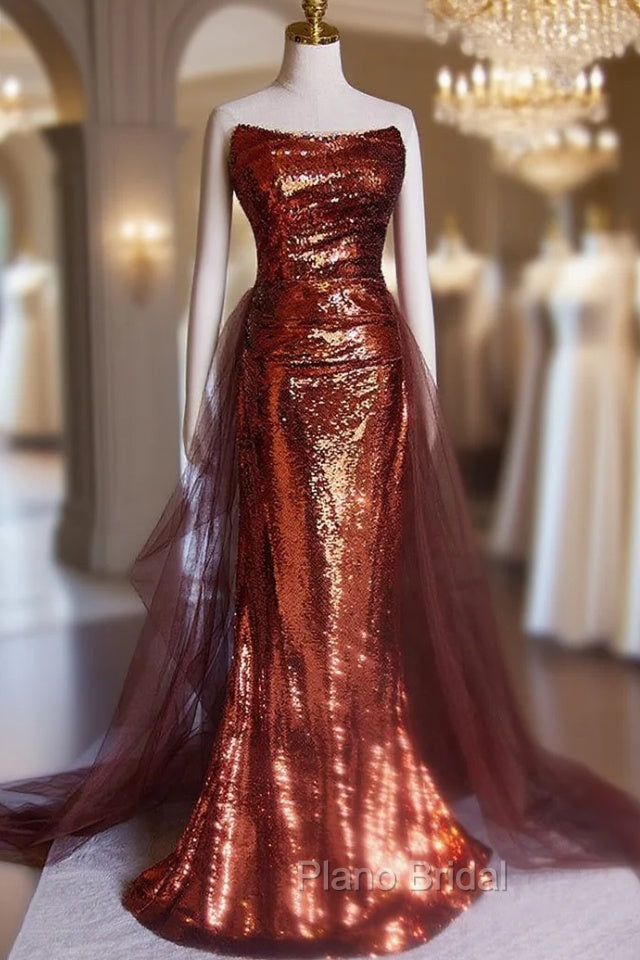 Burgundy Mermaid Sequins Strapless Pleats Formal Prom Dresses