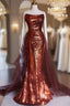 Burgundy Mermaid Sequins Strapless Pleats Formal Prom Dresses