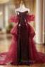 Burgundy Mermaid Sequins Strapless Formal Prom Dresses With Train