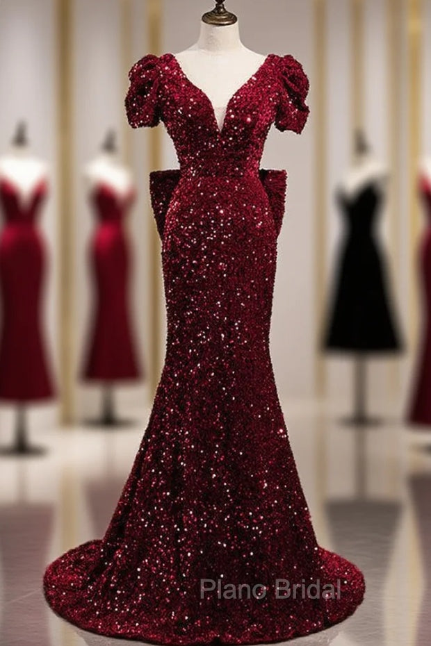Burgundy Mermaid Sequins V-neck Formal Prom Dresses With Bow Main image