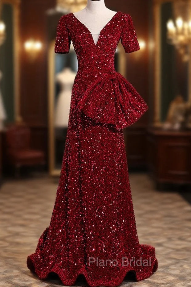 Burgundy Mermaid Sequins V-neck Formal Prom Dresses