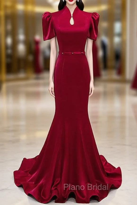 Burgundy Mermaid Short Sleeve High Neck Formal Prom Dresses Main image