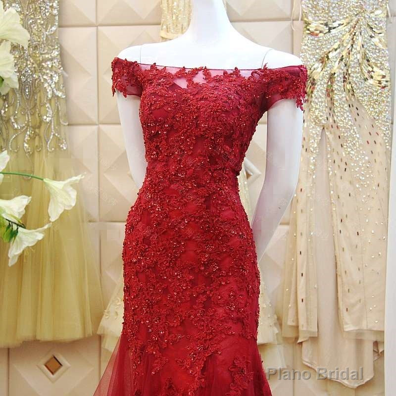 Burgundy Mermaid Tulle Evening Gown with Lace Applique, Off Shoulder Prom Dress Secondary image