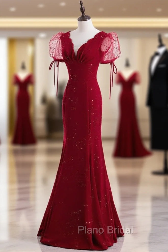Burgundy Mermaid V-neck Puff Sleeve Formal Prom Dresses