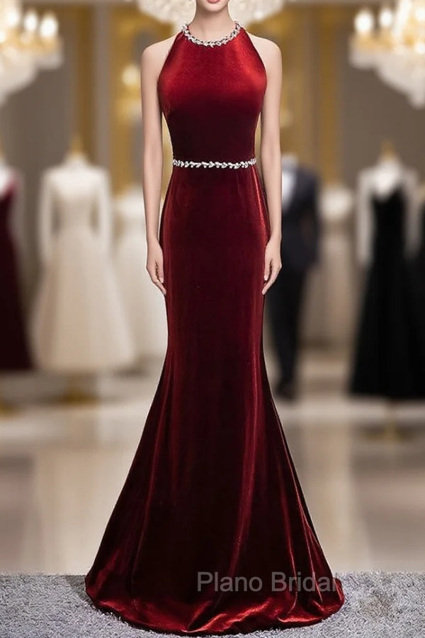 Burgundy Mermaid Velvet Backless Formal Prom Dresses Main image