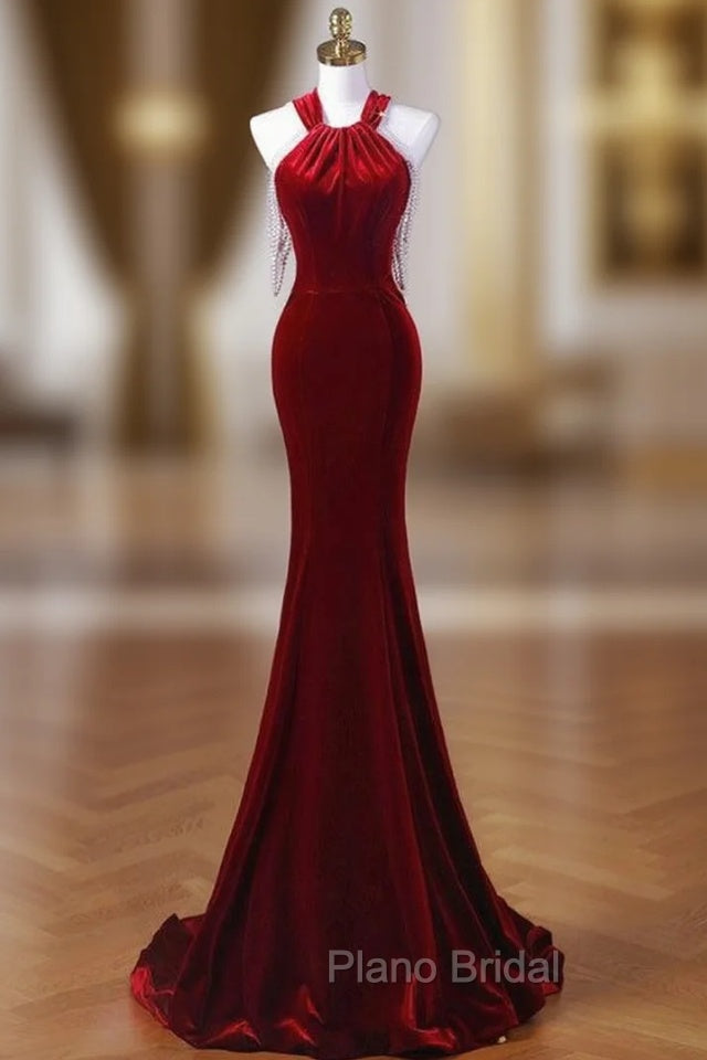 Burgundy Mermaid Velvet Halter Pearls Formal Prom Dresses Main image