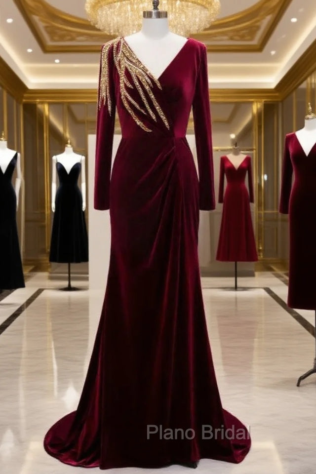 Burgundy Mermaid Velvet Long Sleeve Beading Formal Prom Dresses