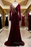 Burgundy Mermaid Velvet Long Sleeve Beading Formal Prom Dresses