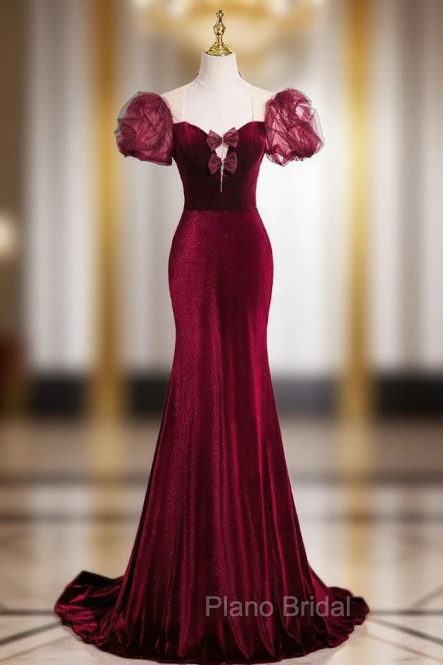 Burgundy Mermaid Velvet Puff Sleeve Formal Prom Dresses Main image